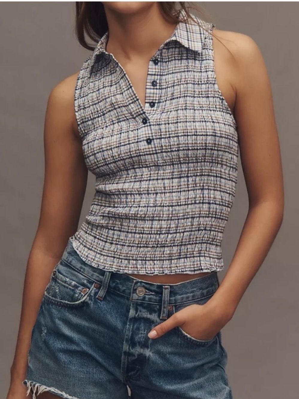 ANTHROPOLOGIE Pilcro shirred sleeveless button up collared top